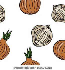 Food vector illustration. Vegetables. For print, design, back surface, textile, packaging, web. Colored hand drawn vector illustration. Seamless color patterns.