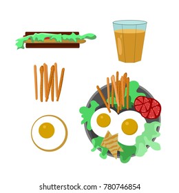 Food. Vector image of fried eggs, juice, Burger, sandwich and carrots.
