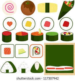 Food Vector - Japanese Cuisine, Maki, Rolled Sushi, takoyaki, makizushi, salmon, seaweed, bamboo mat. A set of cute and colorful icon collection isolated on white background