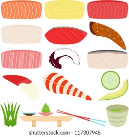 Food Vector - Japanese Cuisine, Sushi and Sashimi, Fresh Raw Fish, salmon, shrimp, octopus, green tea, wasabi. A set of cute and colorful icon collection isolated on white background