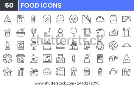 Food vector line icon set. Contain linear outline icons like Cake, Dessert, Seafood, Fast Food, Tea, Coffee, Beverage, Juice, Bakery, Meat, Ice Cream, Donuts, Sandwich. Editable use and stroke.