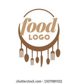 Food vector logo design. Cafe, restaurant or bistro emblem. Plate with cutlery.