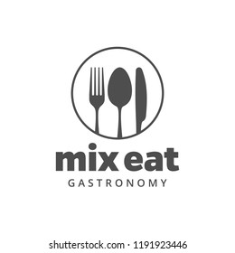 Food vector logo with fork, knife and spoon. Isolated sign. Cutlery in circle form with company or restaurant name