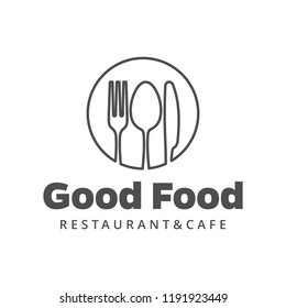 Food vector logo with fork, knife and spoon. Isolated sign. Cutlery in circle form with company or restaurant name