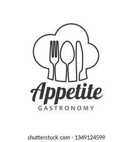 Food vector logo with fork, knife and spoon. Isolated sign. Cutlery in toque form with company or restaurant name