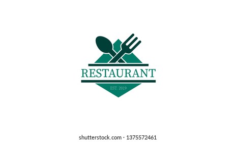 Food vector logo with fork, knife and spoon. Isolated sign. Cutlery in toque form with company or restaurant name 