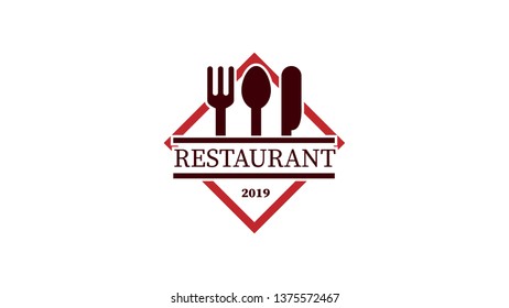 Food vector logo with fork, knife and spoon. Isolated sign. Cutlery in toque form with company or restaurant name  