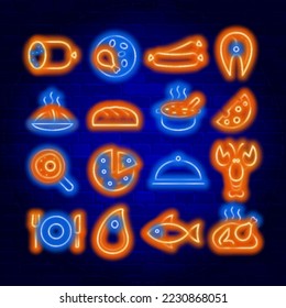 Food vector neon icons set. Neon colors symbols for your design.