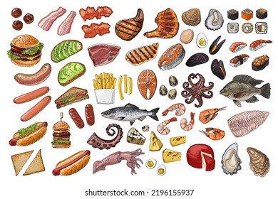 Food vector sea food fast street. Unhealthy food. Fries, pastries, hot dog, bacon, meat, french fries