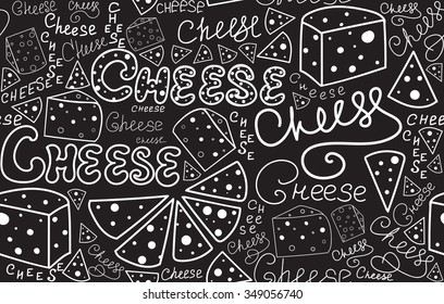 Food vector seamless pattern with cheese slices and words "Cheese" handwritten with chalk on a grey board. Endless food and drink texture