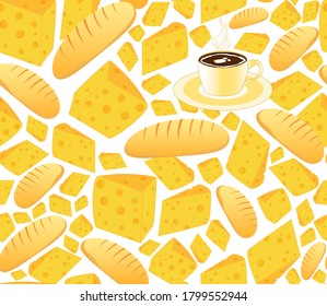 Food vector seamless pattern with coffee cup, bread and cheese