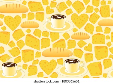 Food vector seamless pattern with coffee cups, fresh cheese and bread 