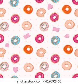 Food vector seamless pattern with colorful donuts with different glazing and sprinkles. Endless dessert background. Abstract vintage styled print with bagels