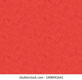 Food vector seamless pattern. Cuisine, fast food cafe wallpaper with gastronomy icons. Red, ruby color texture. Decorative textile, wrapping paper design. Bright background for menu, receipts