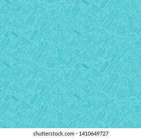 Food vector seamless pattern. Cuisine, fast food wallpaper with gastronomy icons. Turquoise, tiffany blue color texture. Decorative textile, wrapping paper design. Bright background for menu, receipts