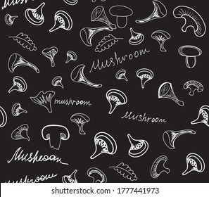 Food vector seamless pattern with hand drawn mushrooms