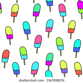 Food vector seamless pattern with multicolored ice creams on sticks