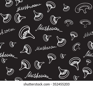 Food vector seamless pattern with mushrooms and words "Mushroom" handwritten with chalk on grey board