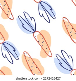 Patrón sin problemas del vector de alimentos con zanjas de línea naranja y manchas azules. Impresión de productos vegetales de moda, papel pintado, diseño de papel envasado, textiles, cuadernos, carteles, vajilla y otras cosas.