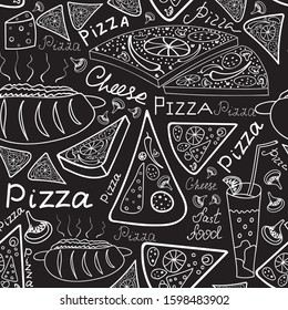 Food vector seamless pattern with pizza slices and handwritten words "Pizza", written with chalk on a grey blackboard 