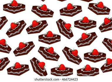 Food vector seamless pattern with slices of chocolate cake with strawberry