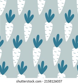 Food Vector Seamless Pattern with white Carrots. Print for fabric, notebooks, wallpaper. Cartoon Vegetables isolated on a gray background.