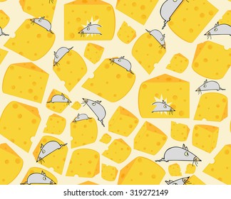 Food vector seamless texture with little grey mice on slices of cheese