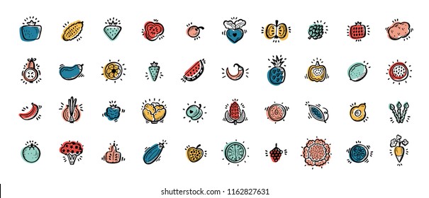 Food Vector Set. Doodle Fruits, Vegetables and Berries Icons