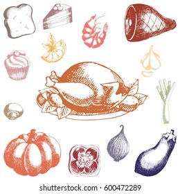 Food. Vector set. Manual drawing for the design and design of packaging paper, textiles, surfaces, printing products and web design