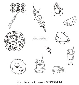 Food vector set. Pizza, kebab, rolls, pie, chicken, scrambled eggs, smoothie, strawberry. Doodle art. Freehand outline ink hand drawn picture object sketch.
