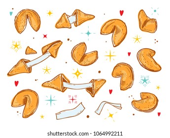 
Food Vector Set. Sweet Pastries. Hand drawn Chinese fortune cookies and crushed Fortune cookie with blank note inside