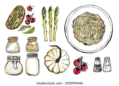 Food vector sketch. Spaghetti. Pasta painted watercolor on a white background. Italian food. 