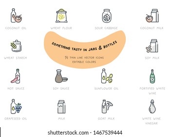 Food Vector Thin Line Icon Illustration Set. Bottles and jars, editable colors. Coconut oil, wheat flour, sour cabbage, coconut milk, wheat starch, soy milk, hot sauce, soy sauce, sunflower oil.