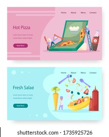 Food vector website templates, landing page design for website and mobile site development. Fresh organic vegetable salad and pizza fast food online order and delivery service, recipe book.