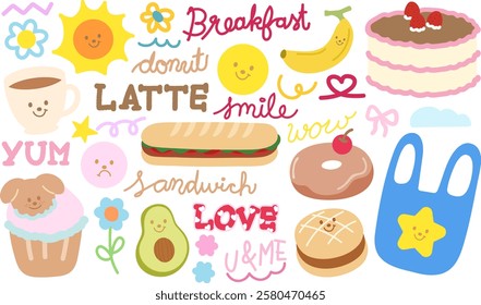 Food vectors of coffee mug, burger, cupcake, birthday cake, sandwich, avocado, banana for breakfast, lunch, pastry, bakery, cafe, restaurant, menu, recipe, sweet dessert, summer, picnic, cook book