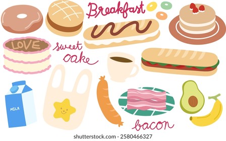 Food vectors of hamburger, chocolate donut, cake pound, coffee, pancake, eclair, bacon, avocado, banana milk, sandwich for breakfast, lunch, pastry, bakery, cafe, restaurant, menu, recipe, dessert