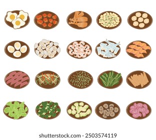 Food vectors, illustration such as fried eggs, fried chicken, dumplings, mapo tofu, sliced boiled eggs, shrimp, clamps, sliced fish, sliced vegetables.