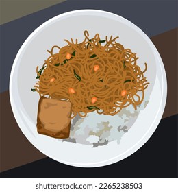 Food vectors with rice, tofu and noodles on a plate. Asian food vector