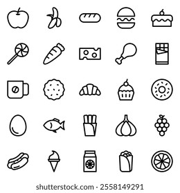 food, vegetable, bakery and fruit outline icon set