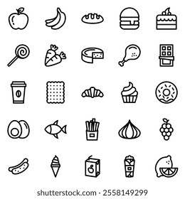 food, vegetable, bakery and fruit outline icon set