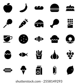 food, vegetable, bakery and fruit solid icon set