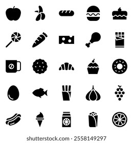 food, vegetable, bakery and fruit solid icon set