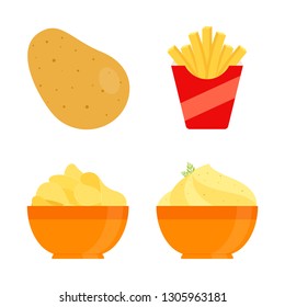 Food - Vegetable - Flat Vector Icon Set - Potato, Potato Chips, Smashed Potato and French Fries Isolated on White Background