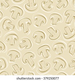 Food vegetable vector background, seamless hand drawn champignon mushroom pattern on a beige