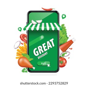 Food, vegetables, condiments appeared all around smartphone store and there is great discount promotion text on green screen smartphone and there is button to buy order below ,vector 3d for delivery