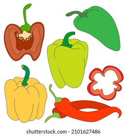 Food, vegetables in the doodle style. set of Bulgarian peppers (red, yellow, green), hand-drawn. Whole peppers, halves with seeds and cut into pieces. Vector. Paprika