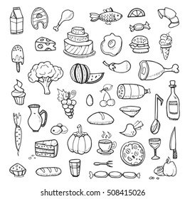 Food, vegetables, drinks, snacks, fast food doodle sketch hand drawn vector icons. Sketch drawing burger lunch and dinner illustration