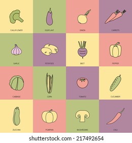 Food vegetables flat line set of cauliflower onion carrot isolated vector illustration