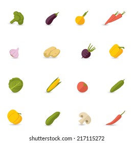 Food vegetables flat set of pepper pumpkin broccoli onion garlic isolated vector illustration