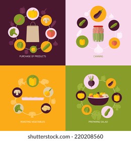 Food vegetables flat set of products purchase canning roasting preparing salad isolated vector illustration